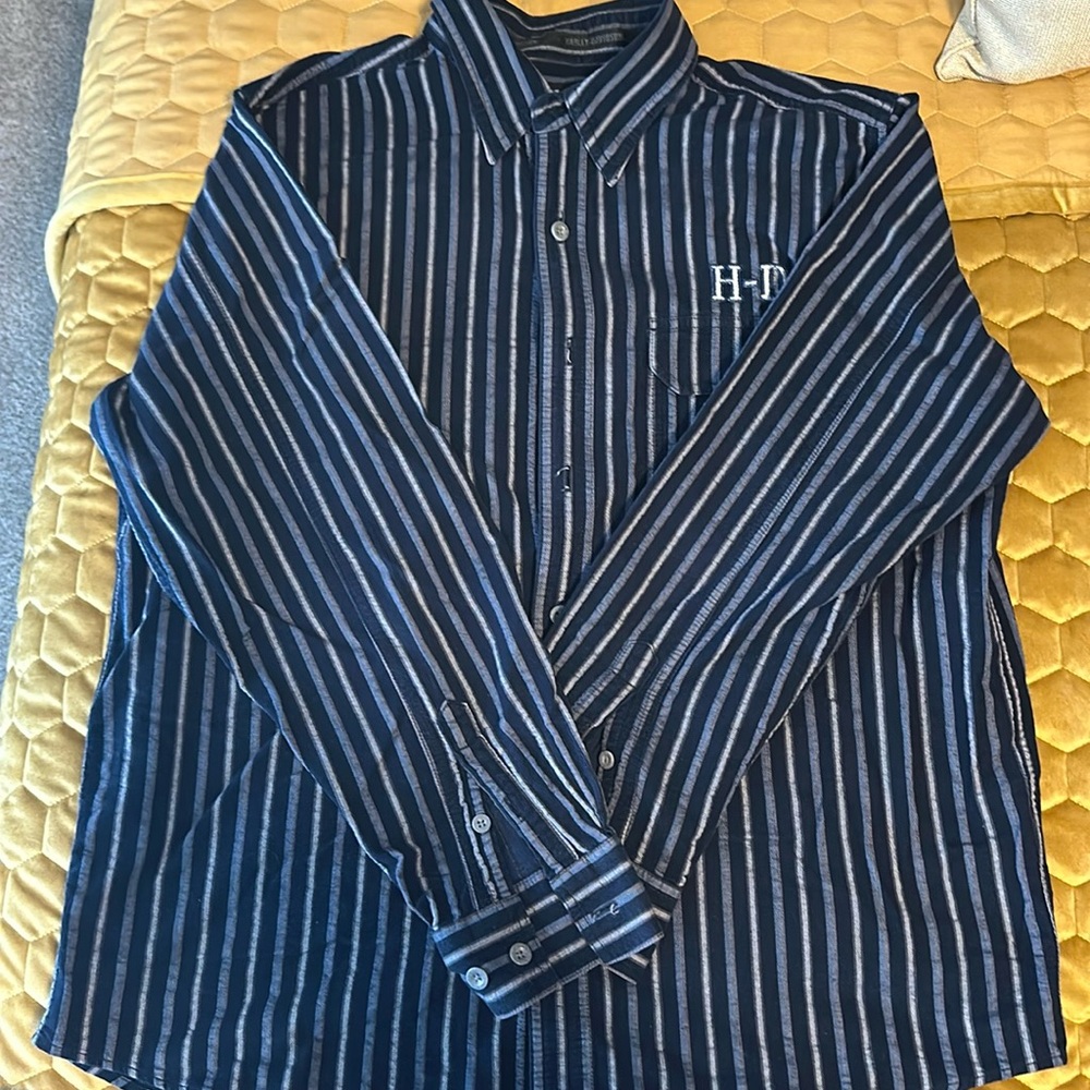 Harley-Davidson Blue and White Striped Button Down Shirt